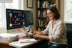 KI-generiertes Bild: Eine lächelnde Frau mit Brille sitzt an einem Schreibtisch vor Laptop und großem Bildschirm, im Hintergrund ein Bücherregal. Auf dem Bildschirm läuft ein Pac-Man-artiges Spiel namens ‚Jagd nach den Geist': Eine weiße Taube navigiert durch ein Labyrinth aus Flammen, verfolgt von Symbolen für TikTok, Energydrinks, Chips, Kopfhörer, Laptop und Controller. Auf dem Schreibtisch liegen Notizblöcke mit Klebezetteln und ein Stapel Papier.